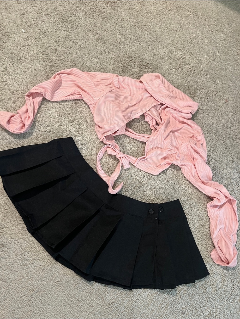 Pink Long-Sleeve Tie Crop Top & Black Pleated Mini Skirt Set